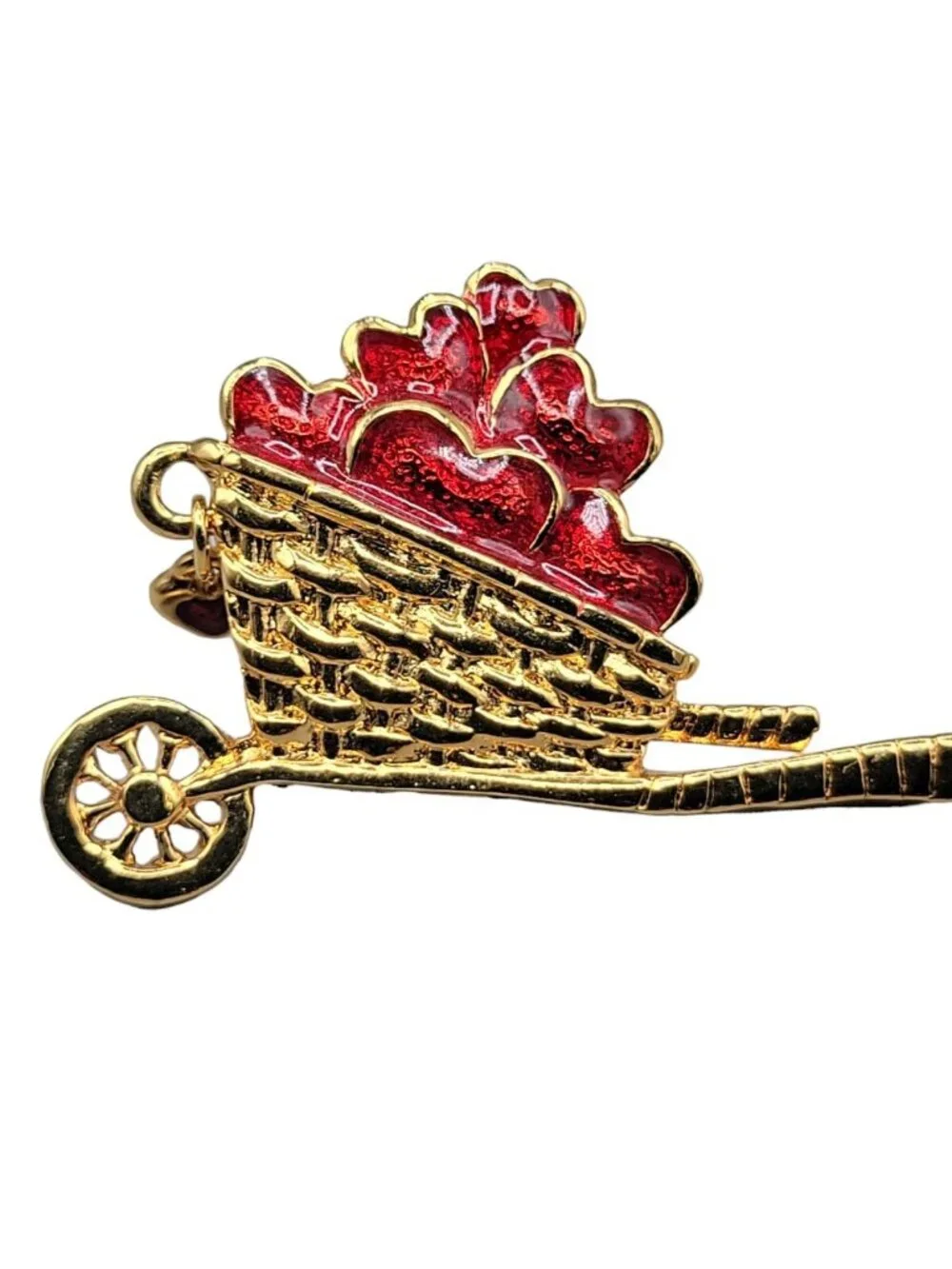Avon Red Floral Heart Enamel Jewelry Set Wheelbarrow Pin & Dangle Post Earrings